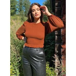 Women's Size M Wilfred Aritzia Tempest Blouse Orange Smocked Long Sleeve Chiffon